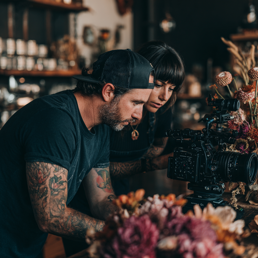 Two people working with a camera on a floral arrangement in a studio setting